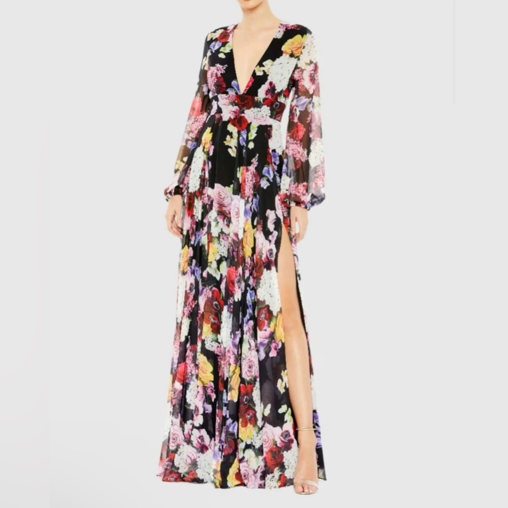 IEENA FOR MAC DUGGAL Floral Black V-Neck Long Sleeve Maxi Dress Size 20